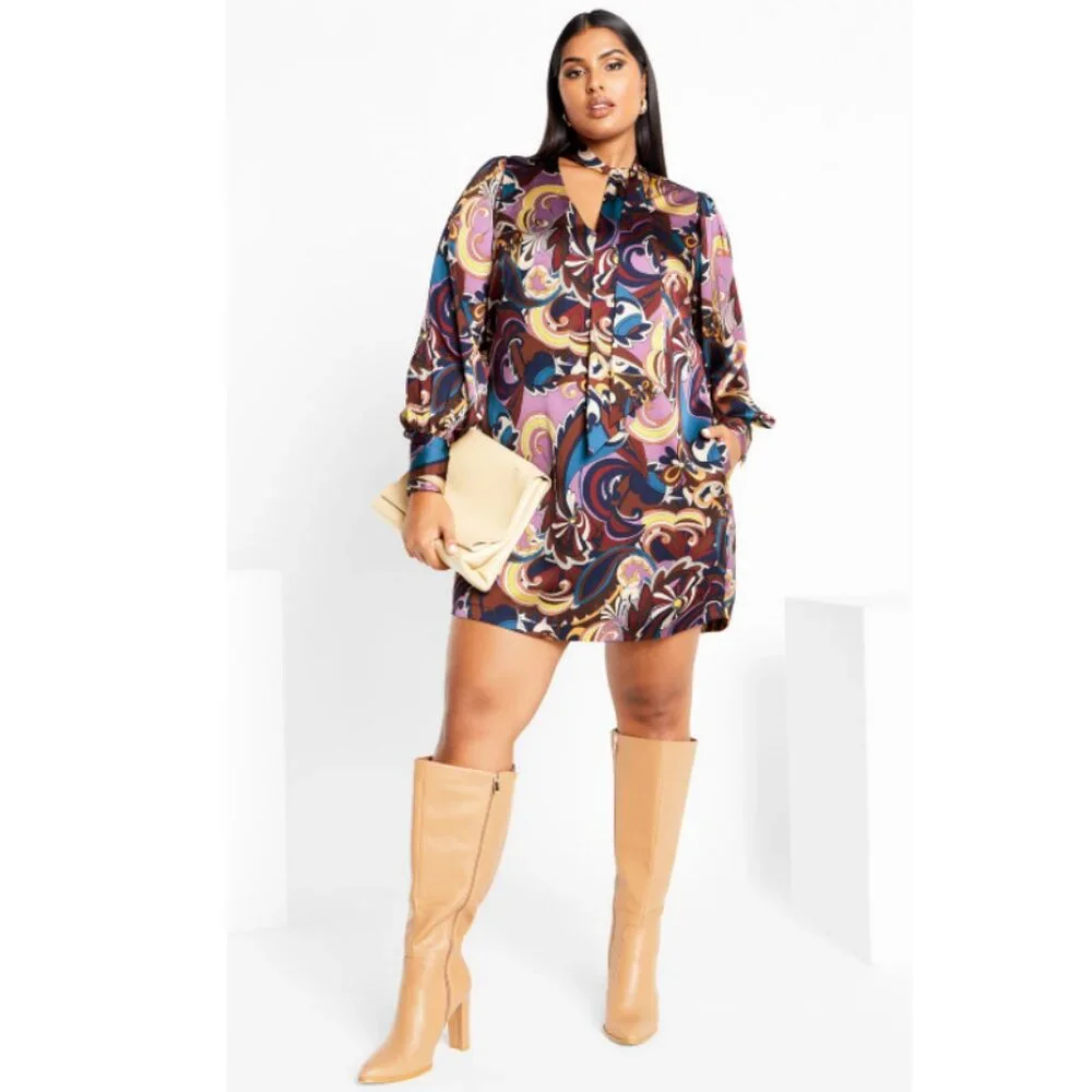 NWT City Chic Retro Long Sleeve Tie Neck Shirt Dress 20